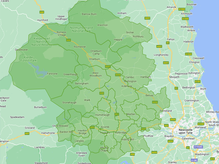 Kielder Chimney Sweeps Coverage Map - Rural Northumberland