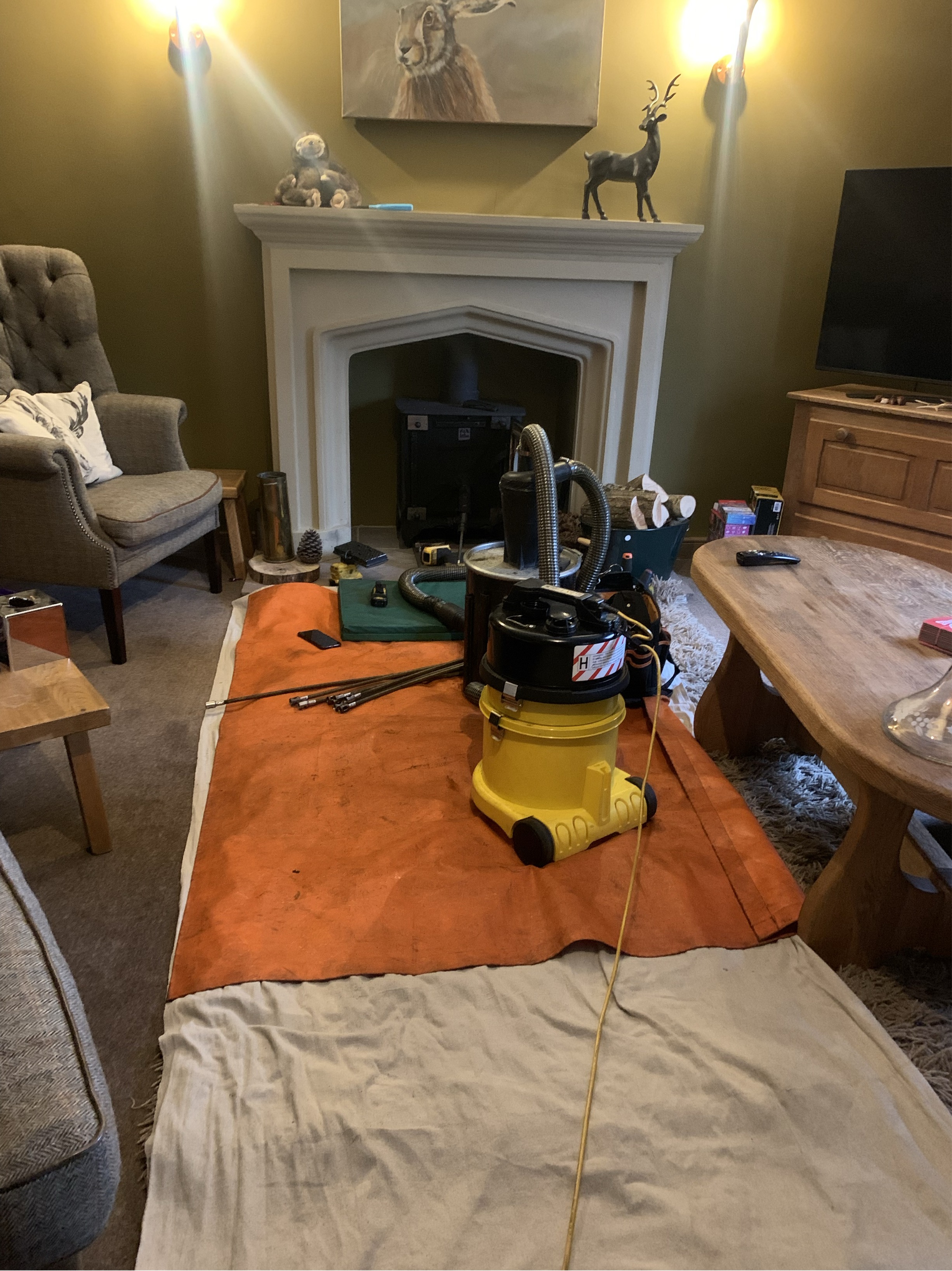 Setup for sweeping lined stove in Otterburn